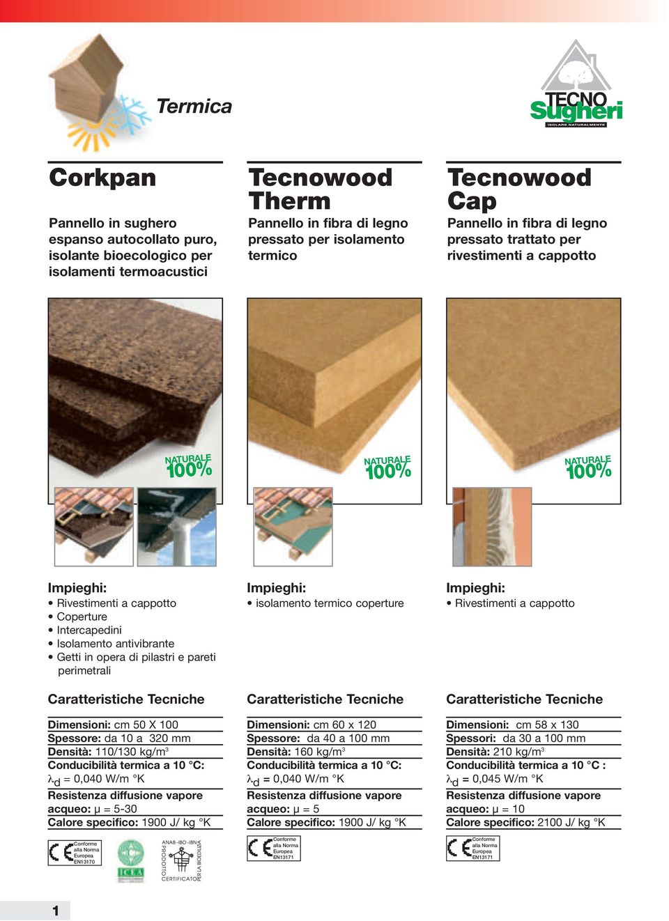 opera di pilastri e pareti perimetrali Dimensioni: cm 50 X 100 Spessore: da 10 a 320 mm Densità: 110/130 kg/m 3 Conducibilità termica a 10 C: λ d = 0,040 W/m K Resistenza diffusione vapore acqueo: µ