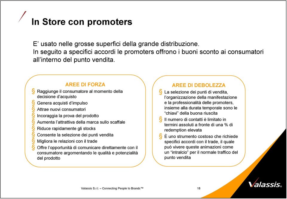 scaffale Riduce rapidamente gli stocks Consente la selezione dei punti endita Migliora le relazioni con il trade Offre l opportunità di comunicare direttamente con il consumatore argomentando le