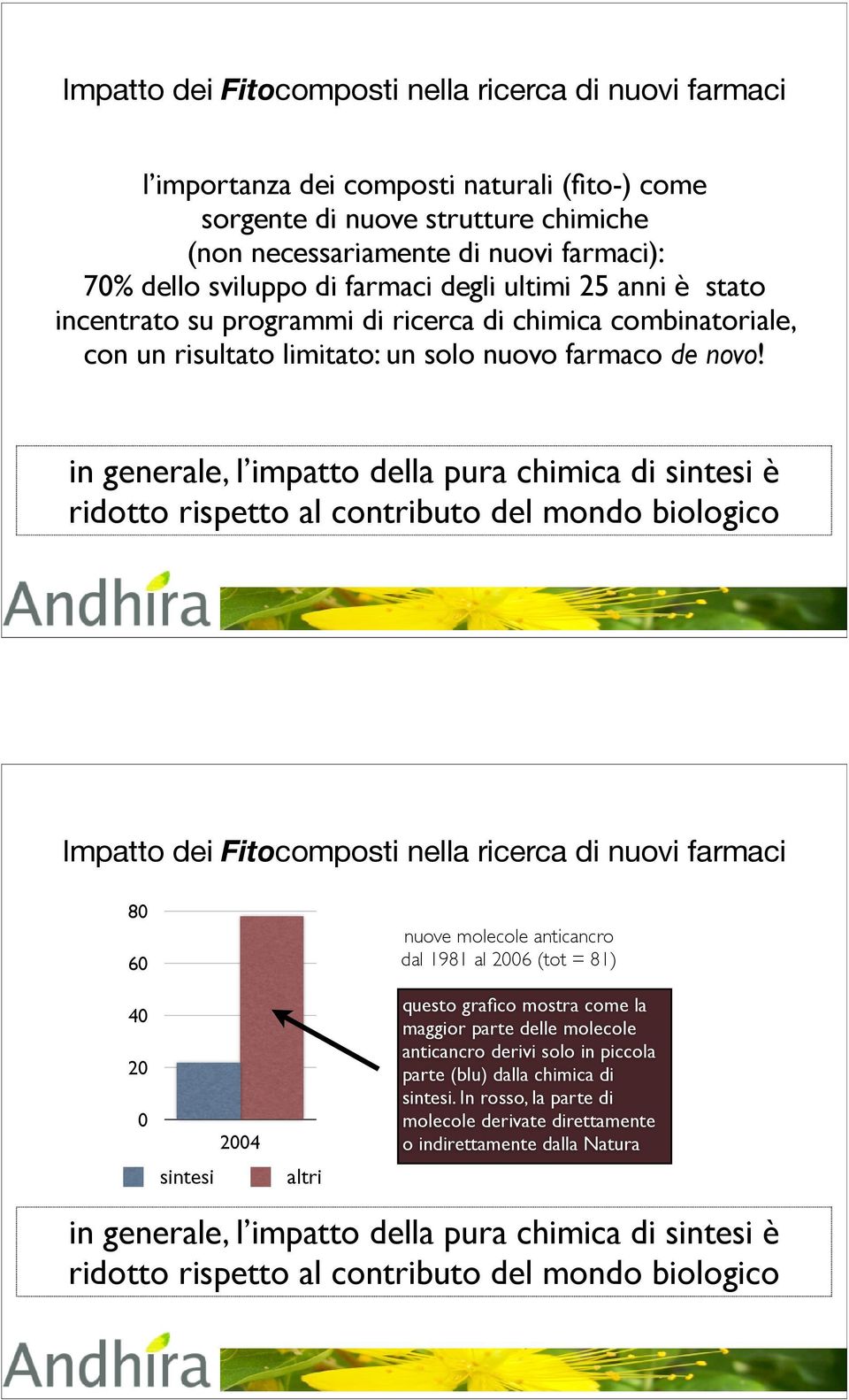 in generale, l impatto della pura chimica di sintesi è ridotto rispetto al contributo del mondo biologico Impatto dei Fitocomposti nella ricerca di nuovi farmaci 80 60 40 20 0 sintesi 2004 altri