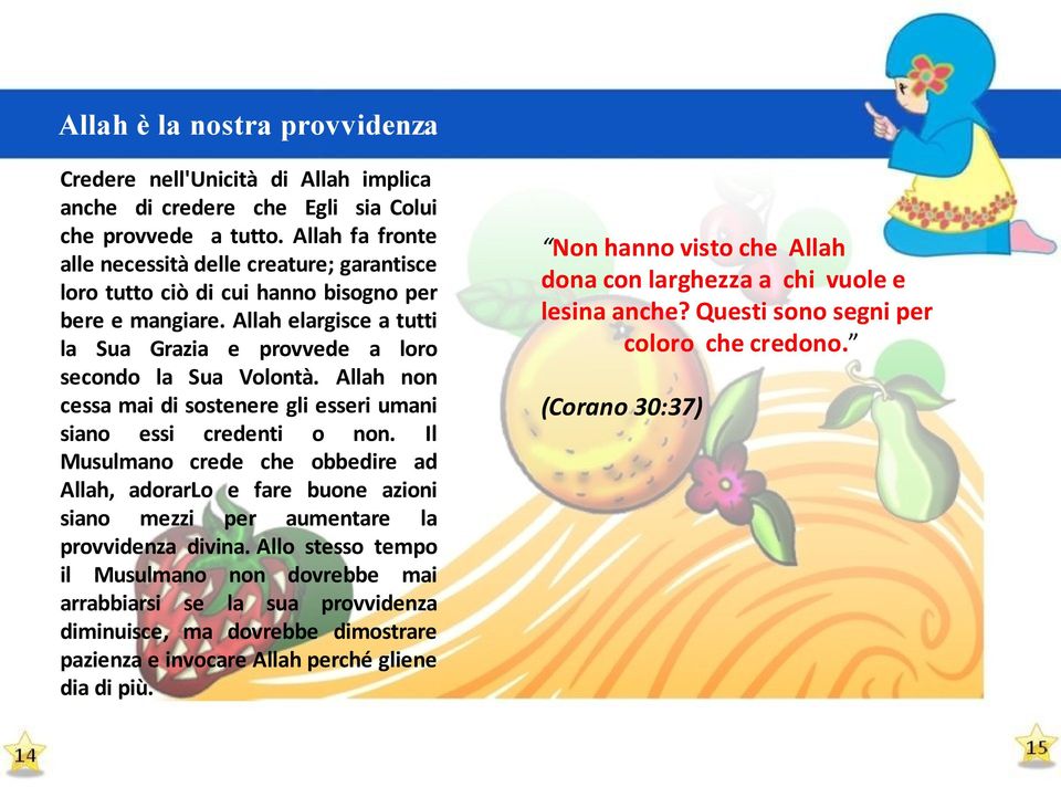 Allah non cessa mai di sostenere gli esseri umani siano essi credenti o non. Il Musulmano crede che obbedire ad Allah, adorarlo e fare buone azioni siano mezzi per aumentare la provvidenza divina.