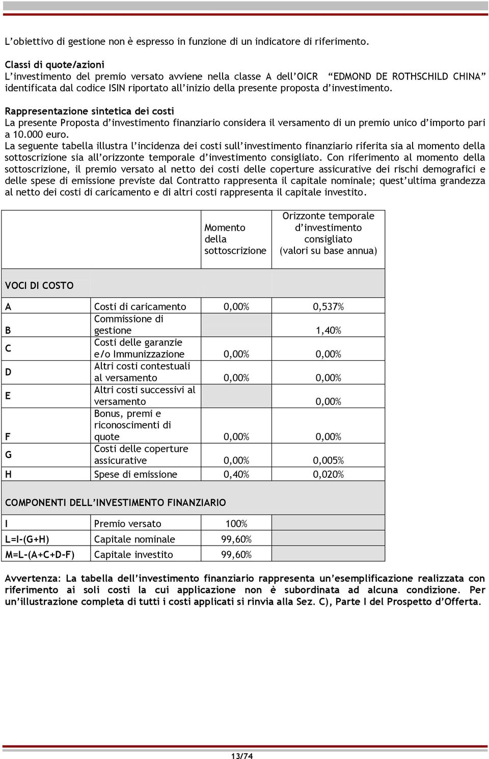 investimento. Rappresentazione sintetica dei costi La presente Proposta d investimento finanziario considera il versamento di un premio unico d importo pari a 10.000 euro.