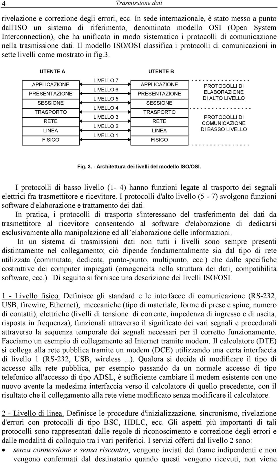 comunicazione nella trasmissione dati. Il modello ISO/OSI classifica i protocolli di comunicazioni in sette livelli come mostrato in fig.3.