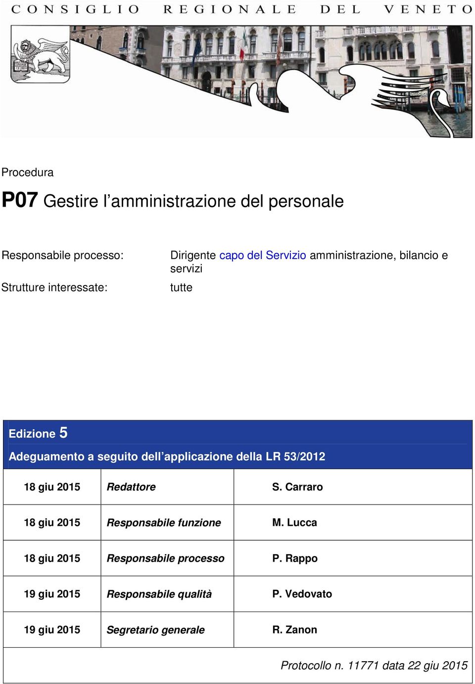 18 giu 2015 Redattore S. Carraro 18 giu 2015 Responsabile funzione M. Lucca 18 giu 2015 Responsabile processo P.