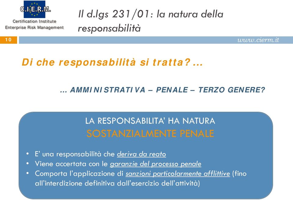 LA RESPONSABILITA HA NATURA SOSTANZIALMENTE PENALE E una responsabilità che deriva da reato Viene