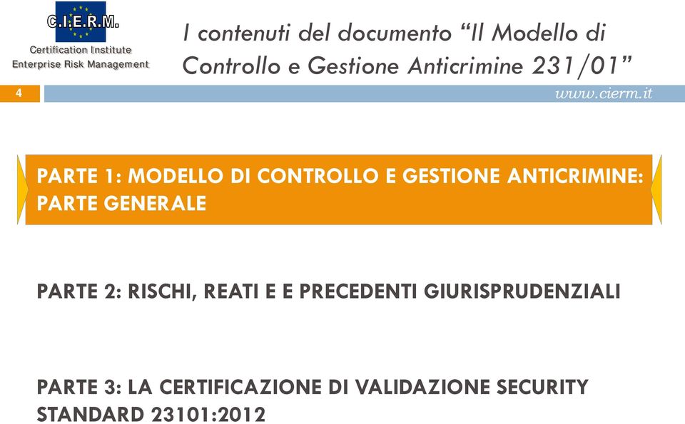 ANTICRIMINE: PARTE GENERALE PARTE 2: RISCHI, REATI E E PRECEDENTI