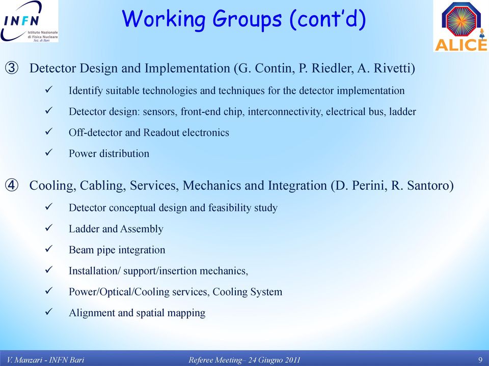 electrical bus, ladder Off-detector and Readout electronics Power distribution Cooling, Cabling, Services, Mechanics and Integration (D. Perini, R.