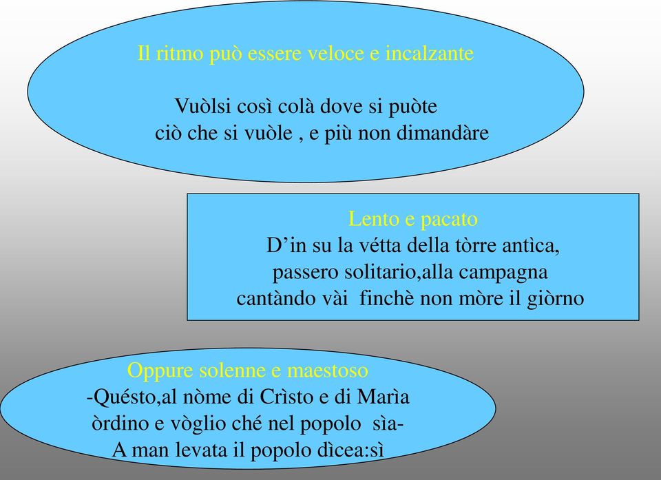 solitario,alla campagna cantàndo vài finchè non mòre il giòrno Oppure solenne e maestoso