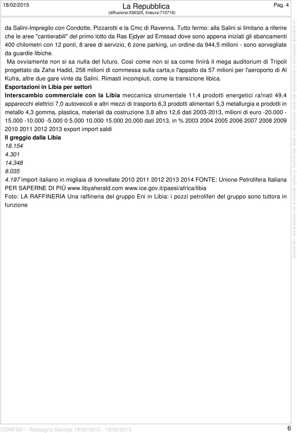 servizio, 6 zone parking, un ordine da 944,5 milioni - sono sorvegliate da guardie libiche. Ma ovviamente non si sa nulla del futuro.