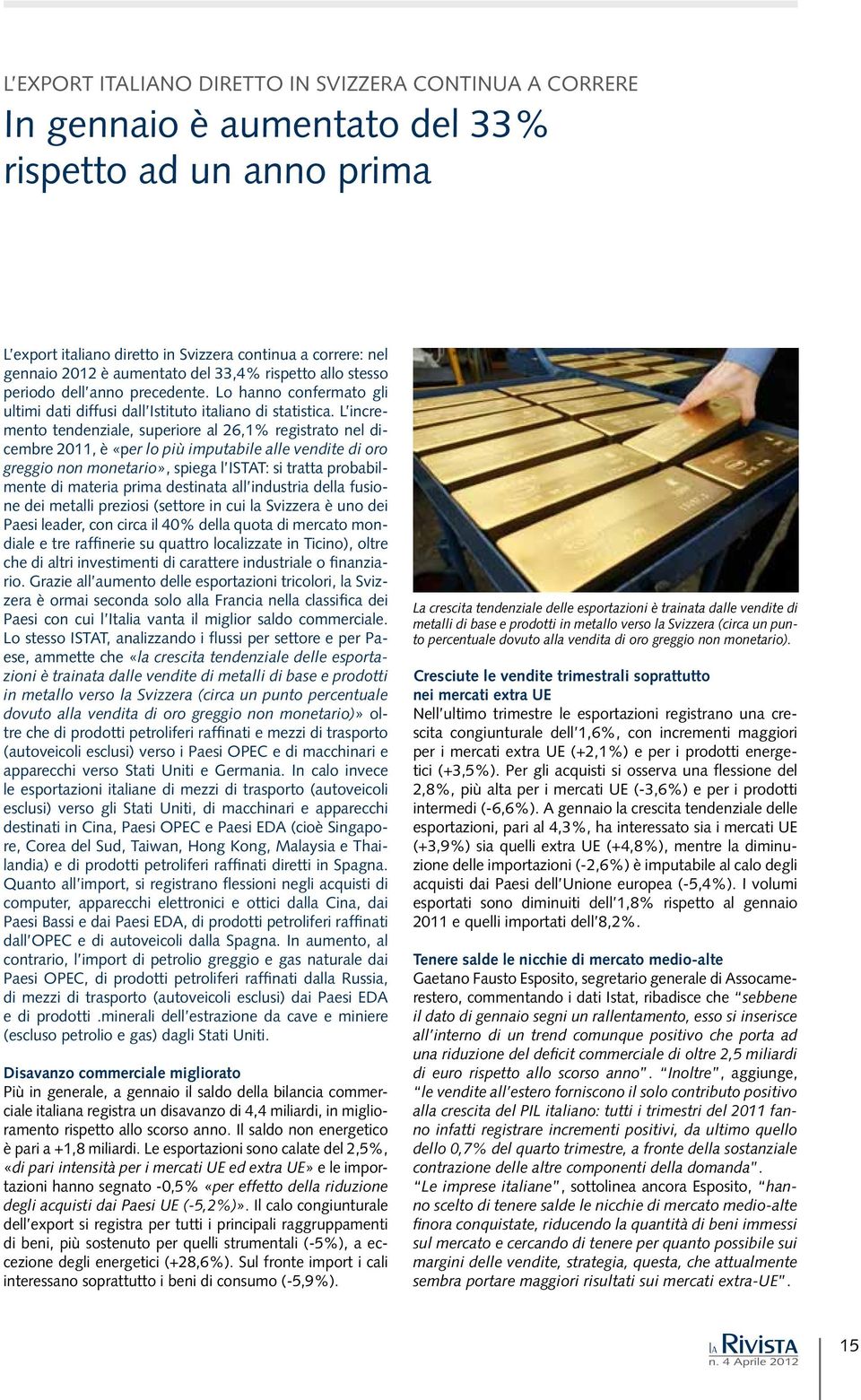 L incremento tendenziale, superiore al 26,1% registrato nel dicembre 2011, è «per lo più imputabile alle vendite di oro greggio non monetario», spiega l ISTAT: si tratta probabilmente di materia