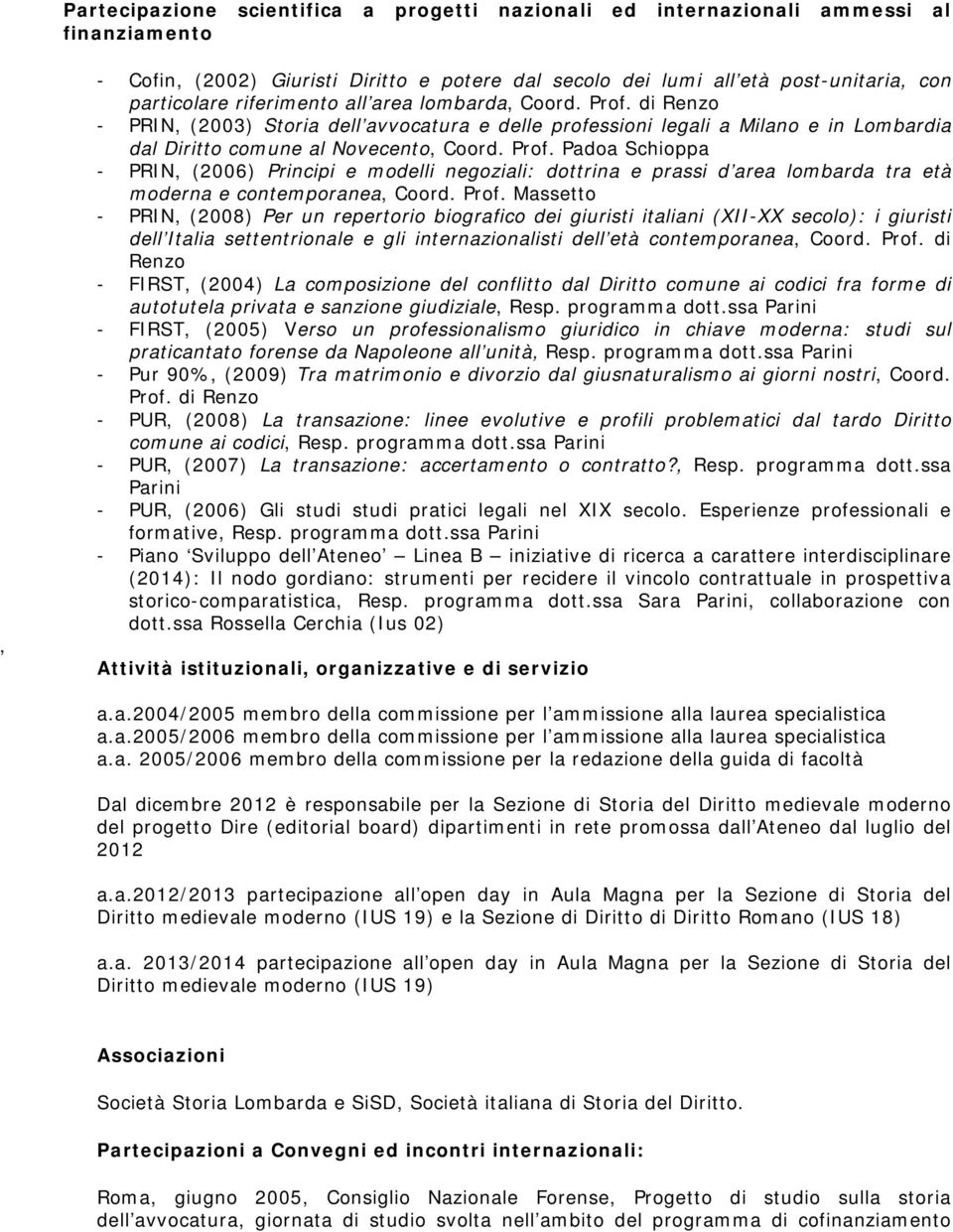 Prof. Massetto - PRIN, (2008) Per un repertorio biografico dei giuristi italiani (XII-XX secolo): i giuristi dell Italia settentrionale e gli internazionalisti dell età contemporanea, Coord. Prof.