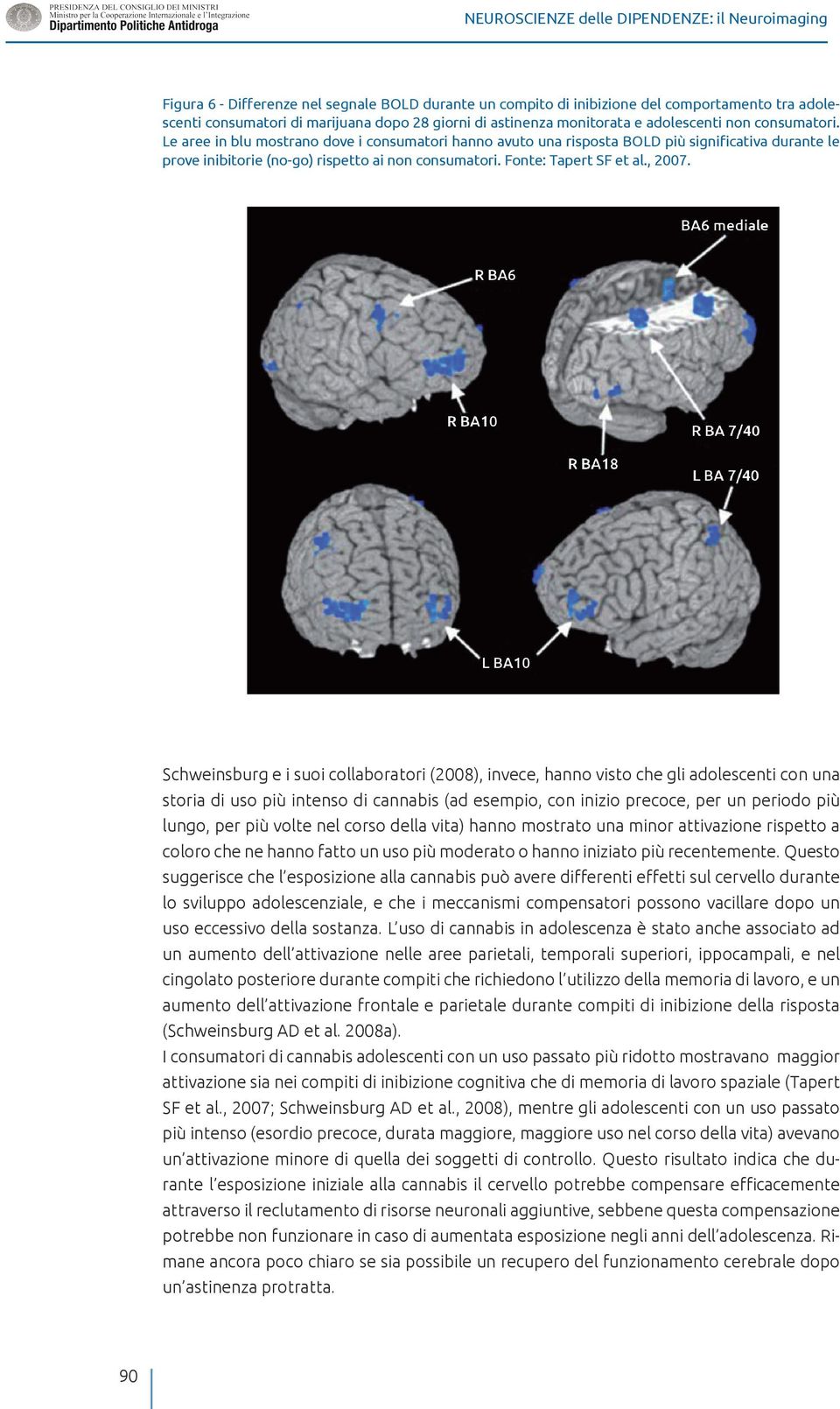 Le aree in blu mostrano dove i consumatori hanno avuto una risposta BOLD più significativa durante le prove inibitorie (no-go) rispetto ai non consumatori. Fonte: Tapert SF et al., 2007.