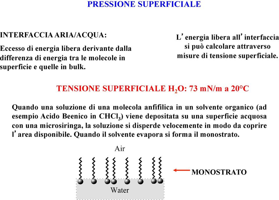 TENSIONE SUPERFICIALE H 2 O: 73 mn/m a 20 C Quando una soluzione di una molecola anfifilica in un solvente organico (ad esempio Acido Beenico in CHCl 3