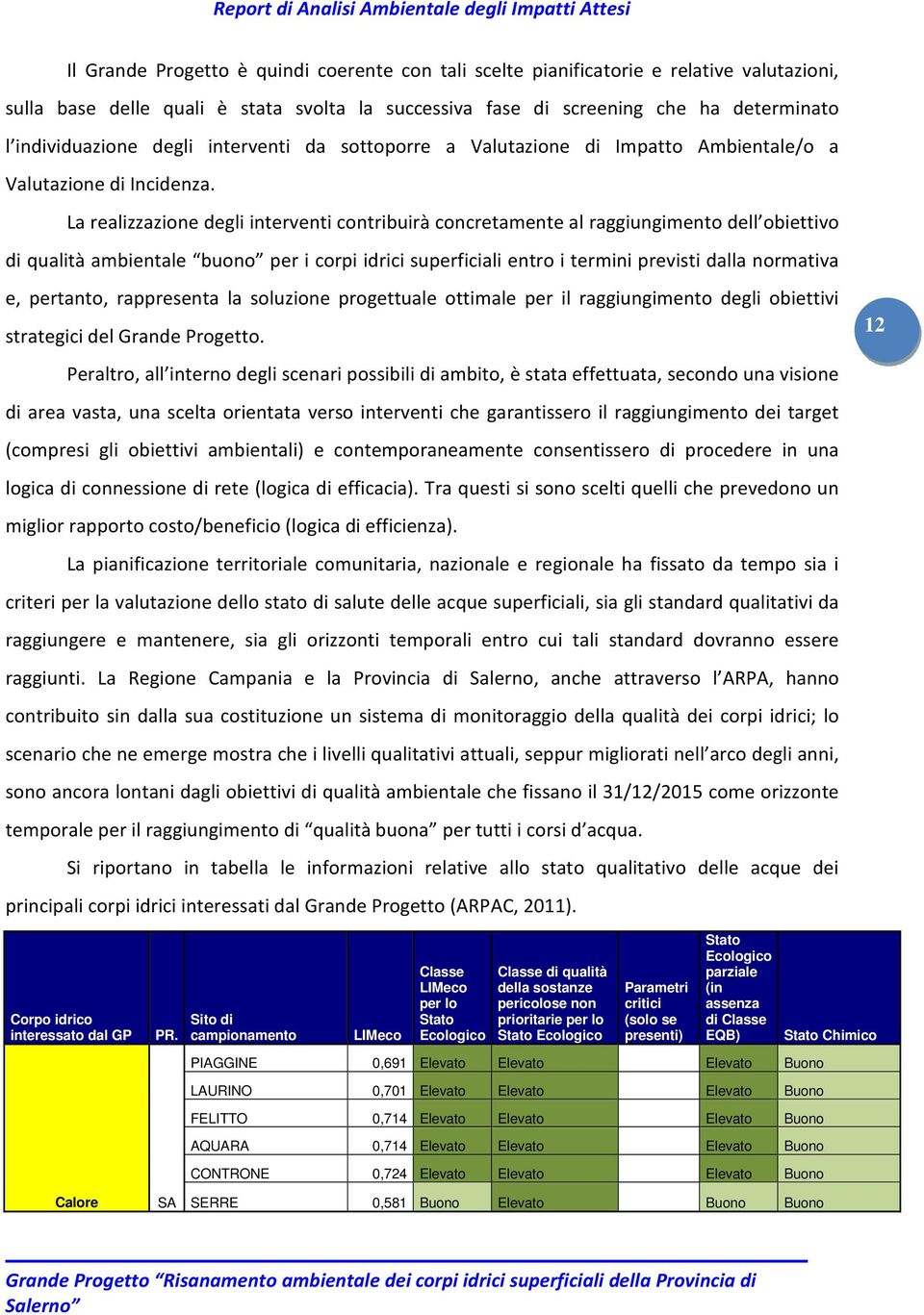 La realizzazione degli interventi contribuirà concretamente al raggiungimento dell obiettivo di qualità ambientale buono per i corpi idrici superficiali entro i termini previsti dalla normativa e,