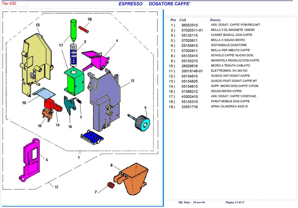 DOS-CAFFE 10 ) 26029616 MICRO A TENUTA CABLATO 11 ) 20019146-01 ELETTROMAG. 5% 24V DC 12 ) 05134815 GUSCIO ANT.DOSAT.CAFFE 13 ) 05134925 GUSCIO POST.DOSAT.CAFFE MT 14 ) 05154615 SUPP.