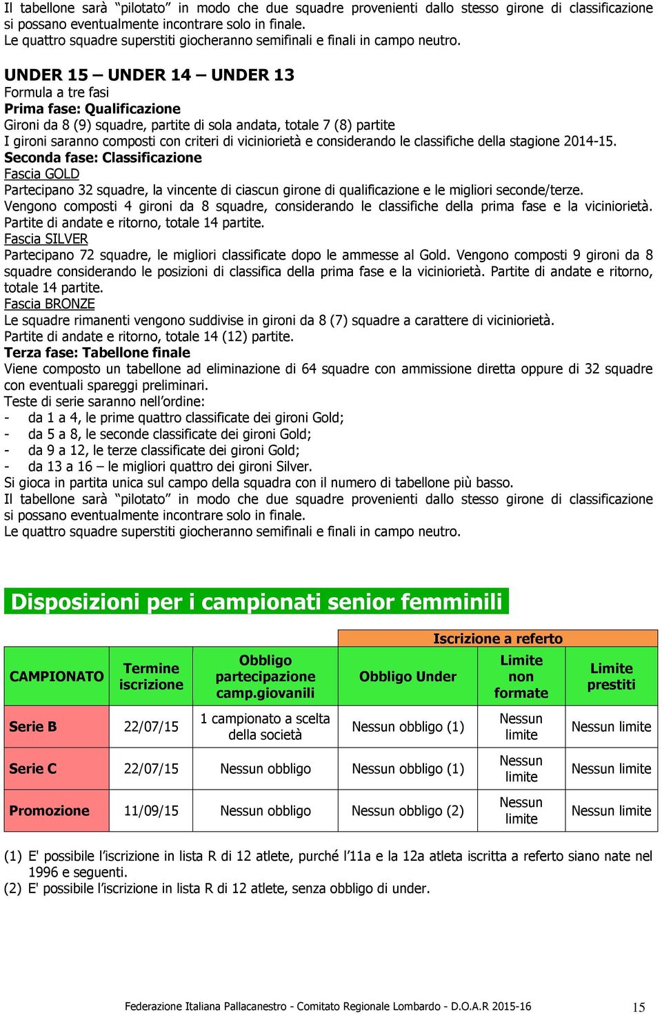 UNDER 15 UNDER 14 UNDER 13 Formula a tre fasi Prima fase: Qualificazione Gironi da 8 (9) squadre, partite di sola andata, totale 7 (8) partite I gironi saranno composti con criteri di viciniorietà e