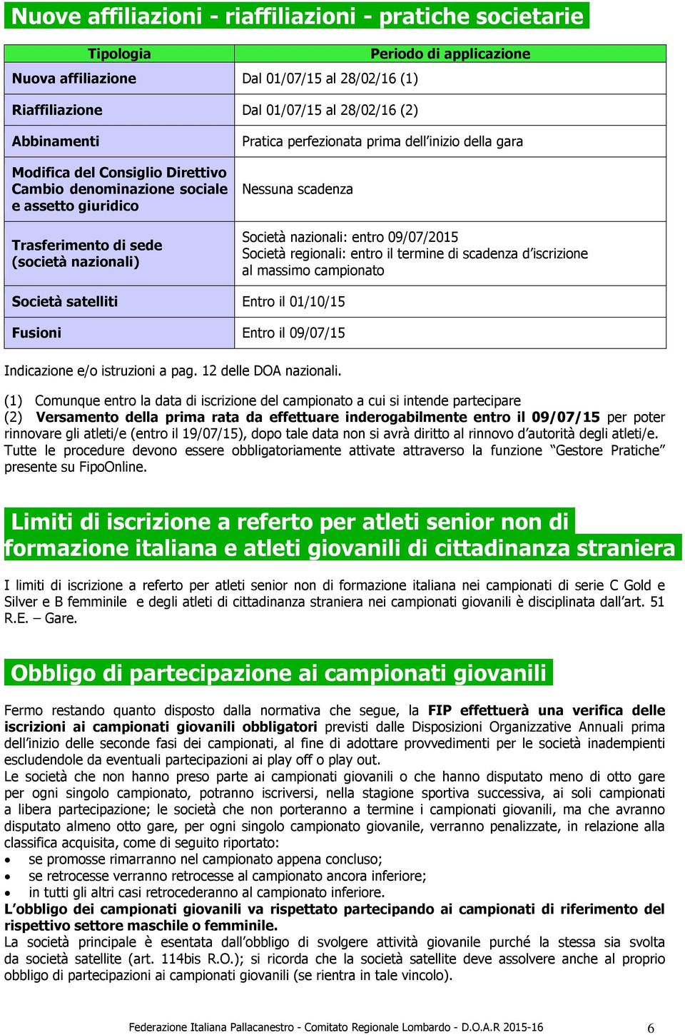 nazionali: entro 09/07/2015 Società regionali: entro il termine di scadenza d iscrizione al massimo campionato Società satelliti Entro il 01/10/15 Fusioni Entro il 09/07/15 Indicazione e/o istruzioni