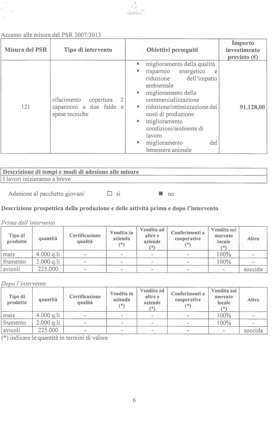 128,00 spese tecniche costi di produzione miglioramento condizioni/ambiente di lavoro miglioramento del benessere animale Ei5crizione di tempi e modi di adesione alle misure I lavori inizieranno a