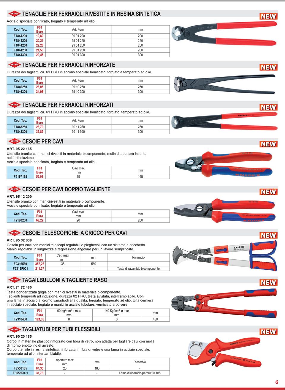 taglienti ca. 61 HRC in acciaio speciale bonificato, forgiato e temperato ad olio. F1846250 28,05 99 10 250 250 F1846300 34,98 99 10 300 300 TENAGLIE PER FERRAIOLI RINFORZATI Durezza dei taglienti ca.