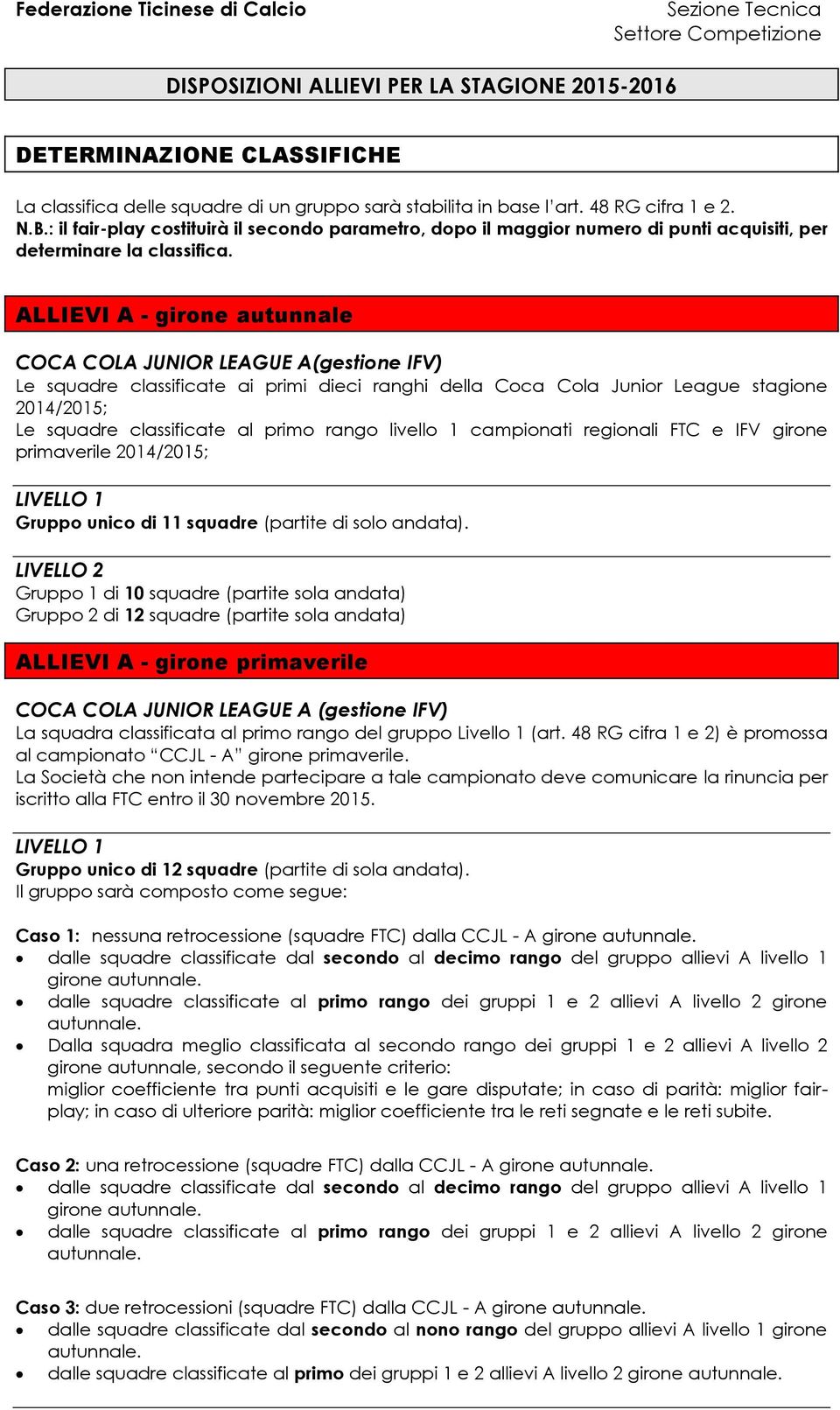 ALLIEVI A - girone autunnale COCA COLA JUNIOR LEAGUE A(gestione IFV) Le squadre classificate ai primi dieci ranghi della Coca Cola Junior League stagione 2014/2015; Le squadre classificate al primo