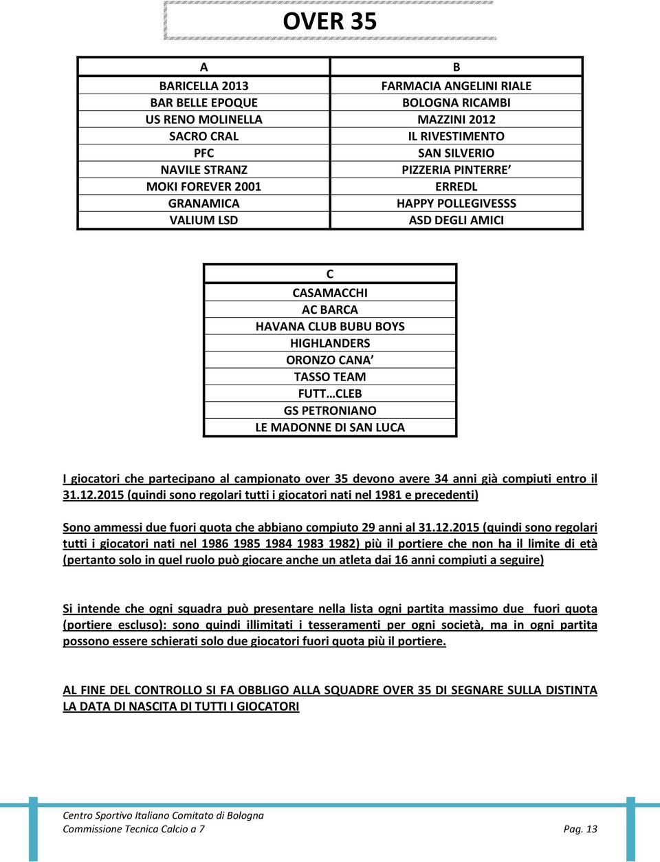 LUCA I giocatori che partecipano al campionato over 35 devono avere 34 anni già compiuti entro il 31.12.