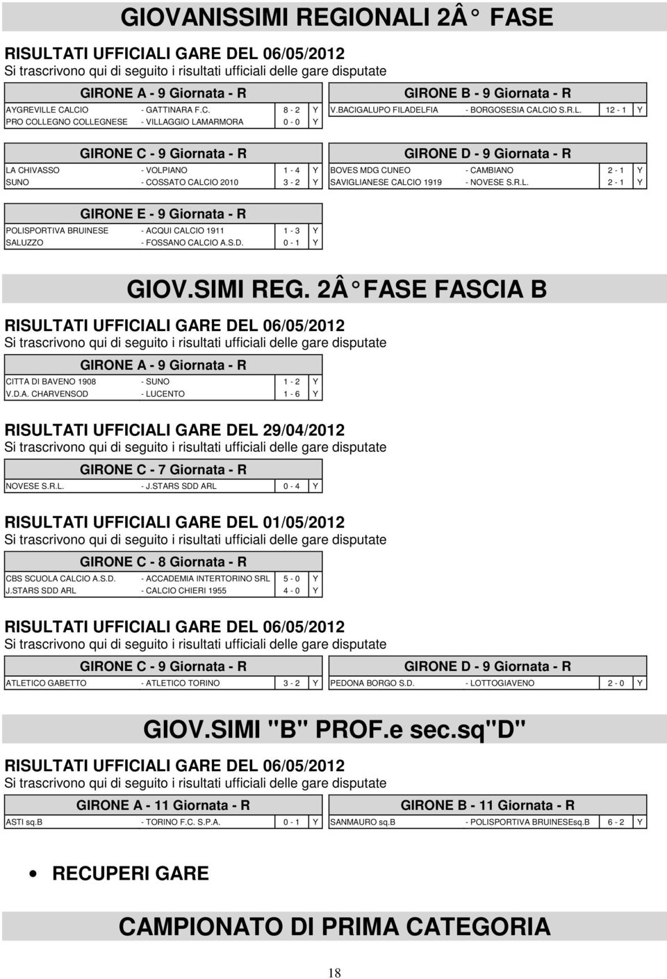 LCIO - GATTINARA F.C. 8-2 Y PRO COLLEGNO COLLEGNESE - VILLAGGIO LAMARMORA 0-0 Y GIRONE C - 9 Giornata - R LA CHIVASSO - VOLPIANO 1-4 Y SUNO - COSSATO CALCIO 2010 3-2 Y GIRONE B - 9 Giornata - R V.