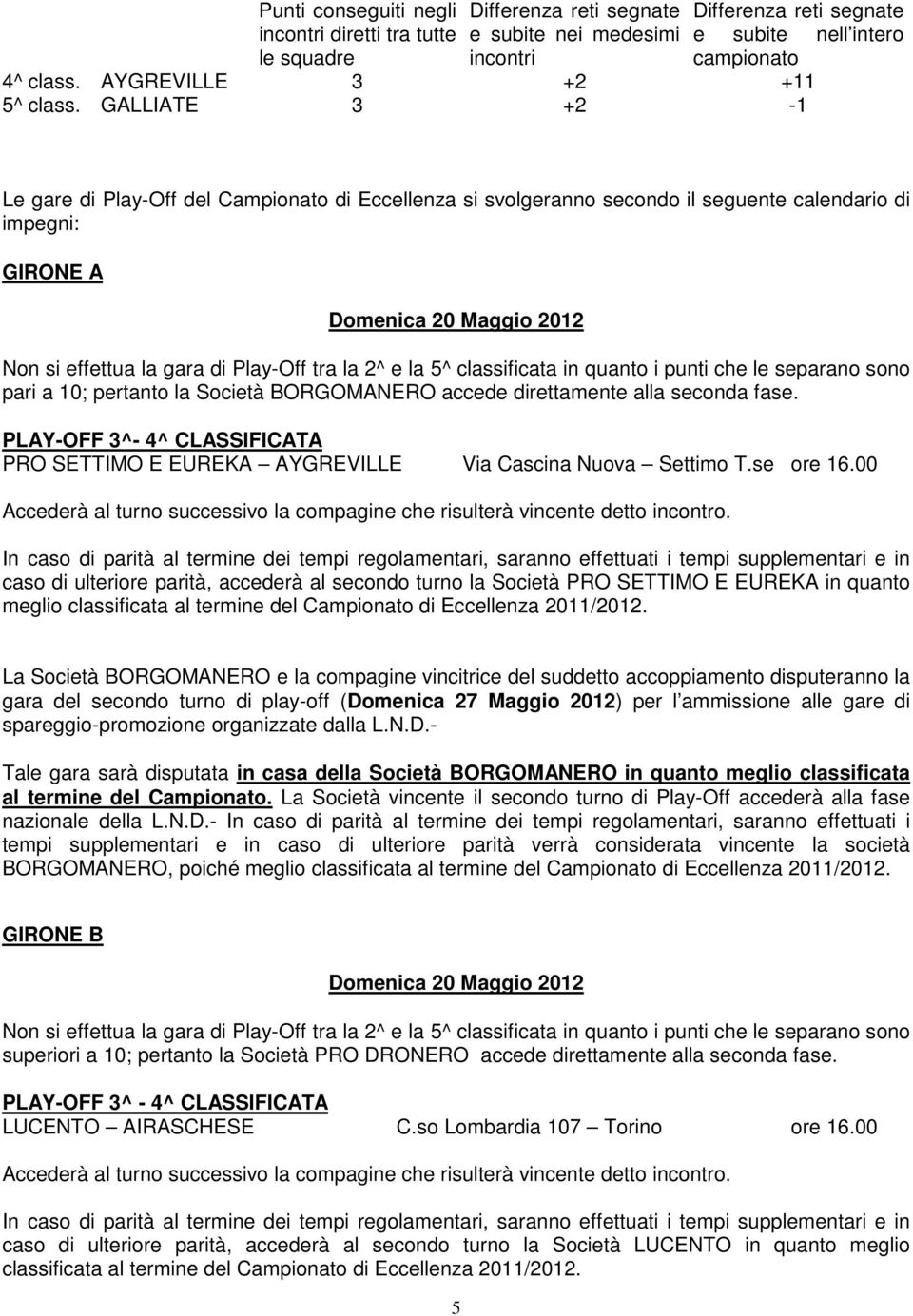 GALLIATE 3 +2-1 Le gare di Play-Off del Campionato di Eccellenza si svolgeranno secondo il seguente calendario di impegni: GIRONE A Domenica 20 Maggio 2012 Non si effettua la gara di Play-Off tra la