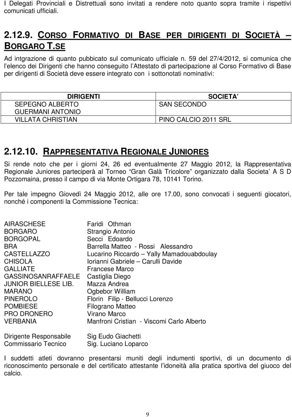 59 del 27/4/2012, si comunica che l elenco dei Dirigenti che hanno conseguito l Attestato di partecipazione al Corso Formativo di Base per dirigenti di Società deve essere integrato con i sottonotati