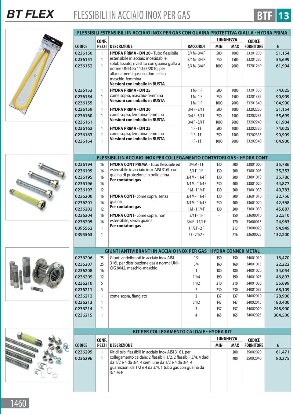 gialla a 0236152 1 3/4 M - 3/4 F 1000 2000 33201240 61,904 norme UNI-CIG 11353/2010, per allacciamenti gas uso domestico 0236153 1 HYDRA PRIMA - DN 25 1 M - 1 F 500 1000 33201330 74,025 0236154 1