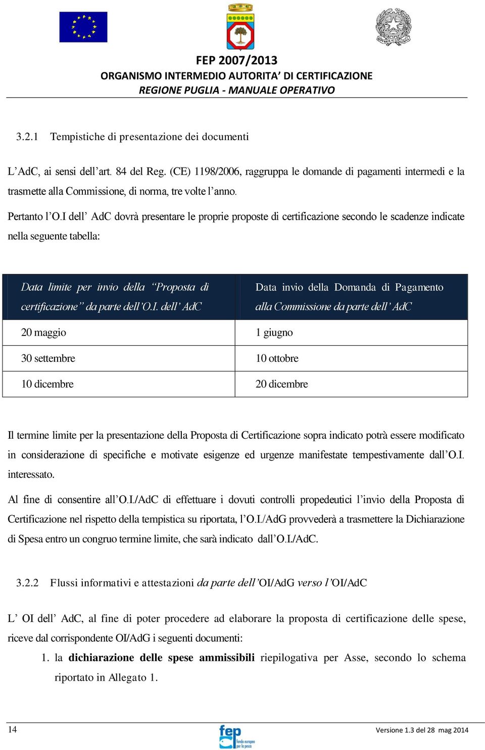 I dell AdC dovrà presentare le proprie proposte di certificazione secondo le scadenze indicate nella seguente tabella: Data limite per invio della Proposta di certificazione da parte dell O.I. dell