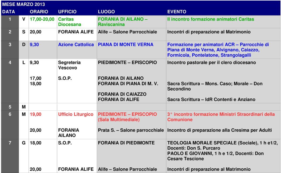 pastorale per il clero diocesano FORANIA DI Sacra Scrittura IdR Contenti e Anziano 5 M 6 M 19,00 (Sala Multimediale) 3 incontro formazione Ministri Straordinari