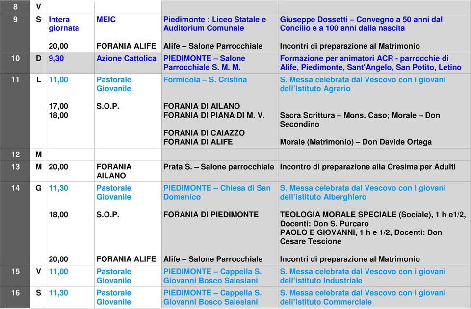 Cristina Formazione per animatori ACR - parrocchie di Alife, Piedimonte, Sant'Angelo, San Potito, Letino dell Istituto Agrario 12 M 13 M FORANIA 14 G 11,30 FORANIA DI Morale