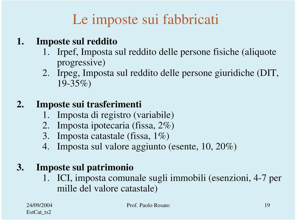 Imposta di registro (variabile) 2. Imposta ipotecaria (fissa, 2%) 3. Imposta catastale (fissa, 1%) 4.