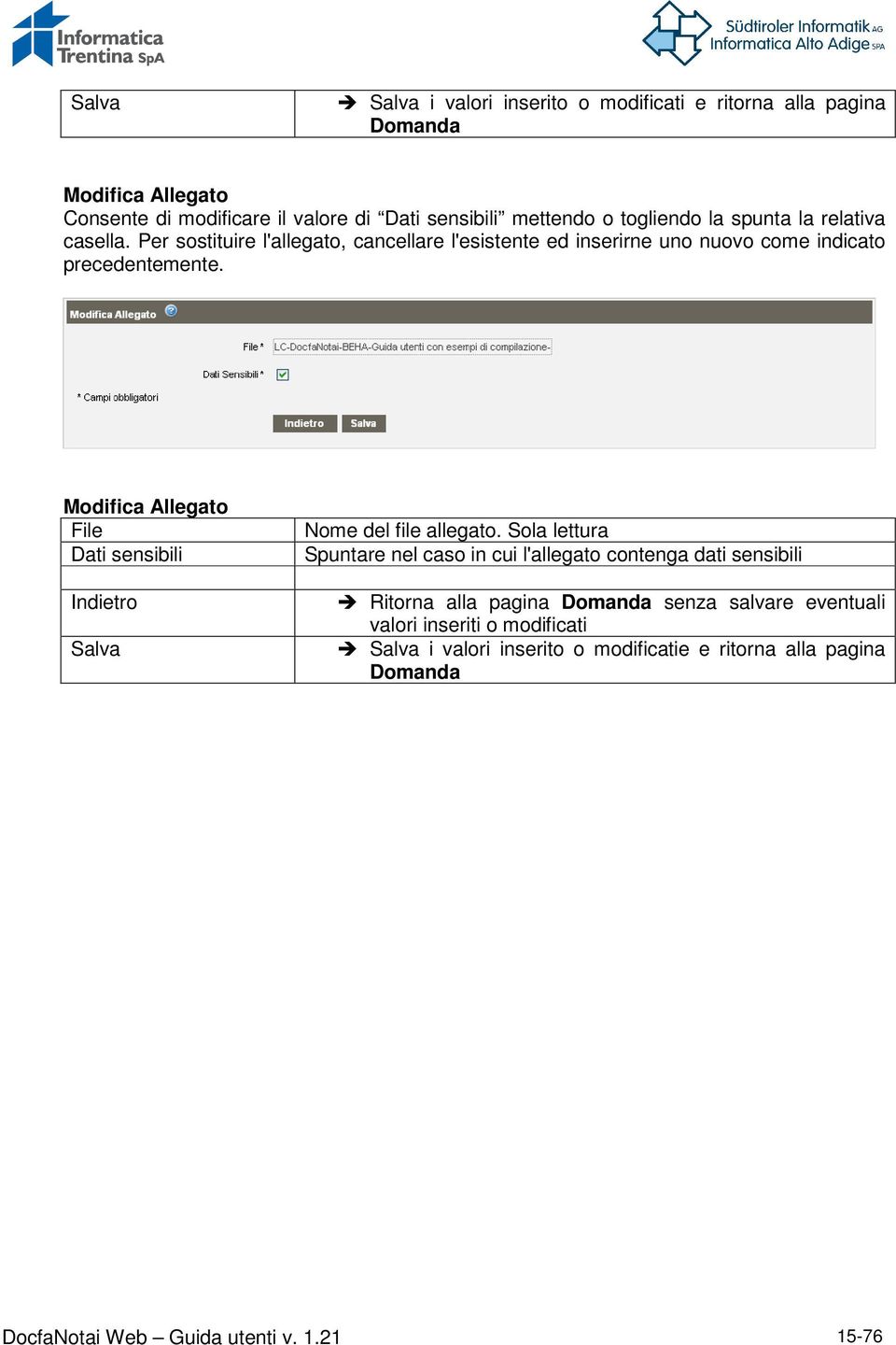 Modifica Allegato File Dati sensibili Indietro Salva Nome del file allegato.