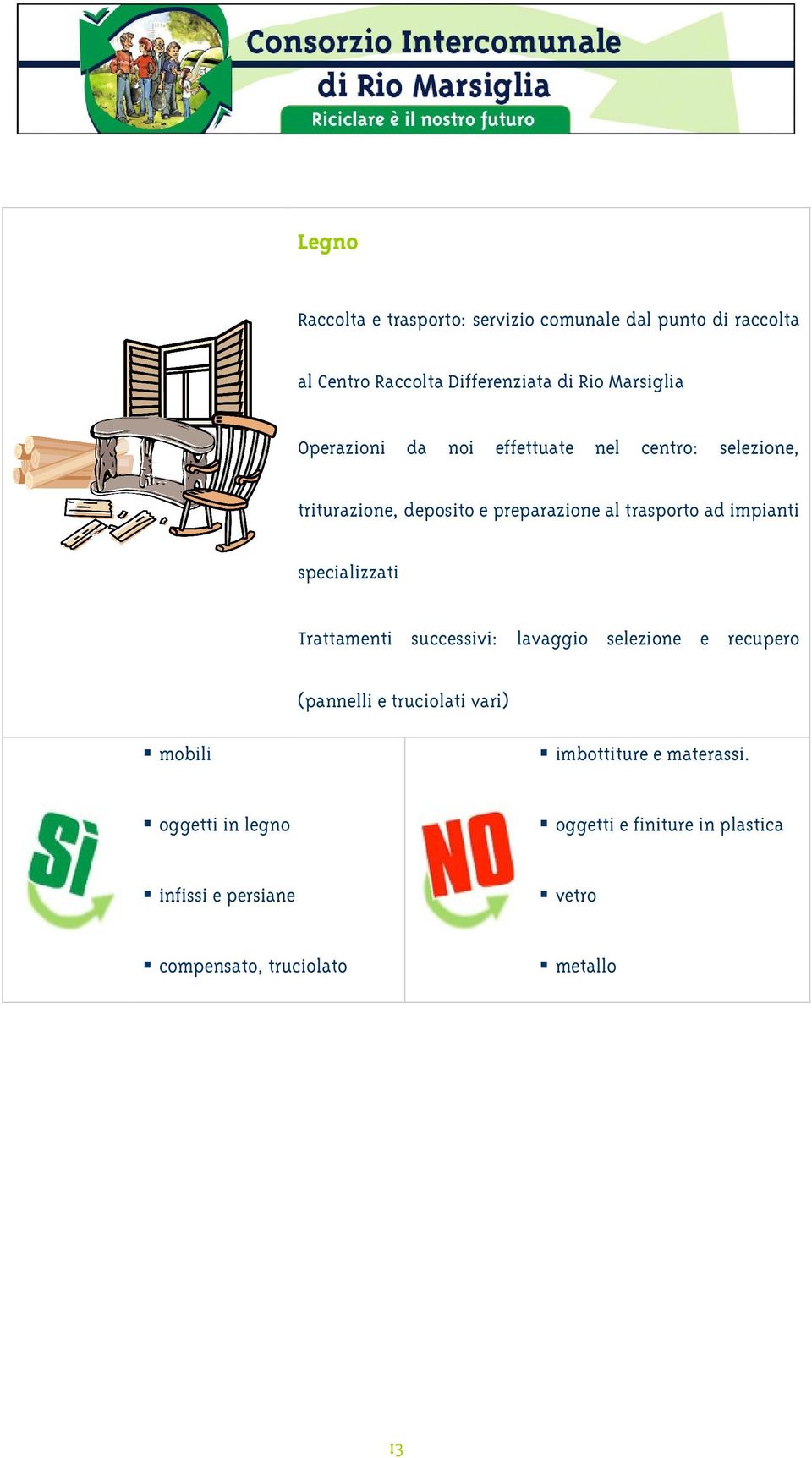 impianti specializzati Trattamenti successivi: lavaggio selezione e recupero (pannelli e truciolati vari) mobili