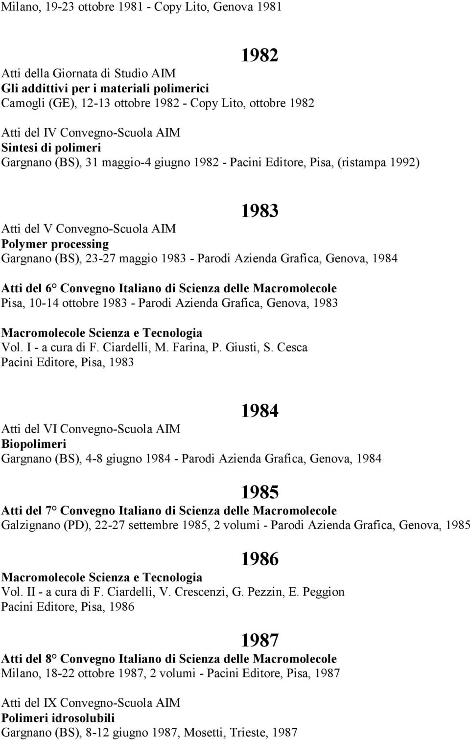 Azienda Grafica, Genova, 1984 Atti del 6 Convegno Italiano di Scienza delle Macromolecole Pisa, 10-14 ottobre 1983 - Parodi Azienda Grafica, Genova, 1983 Macromolecole Scienza e Tecnologia Vol.