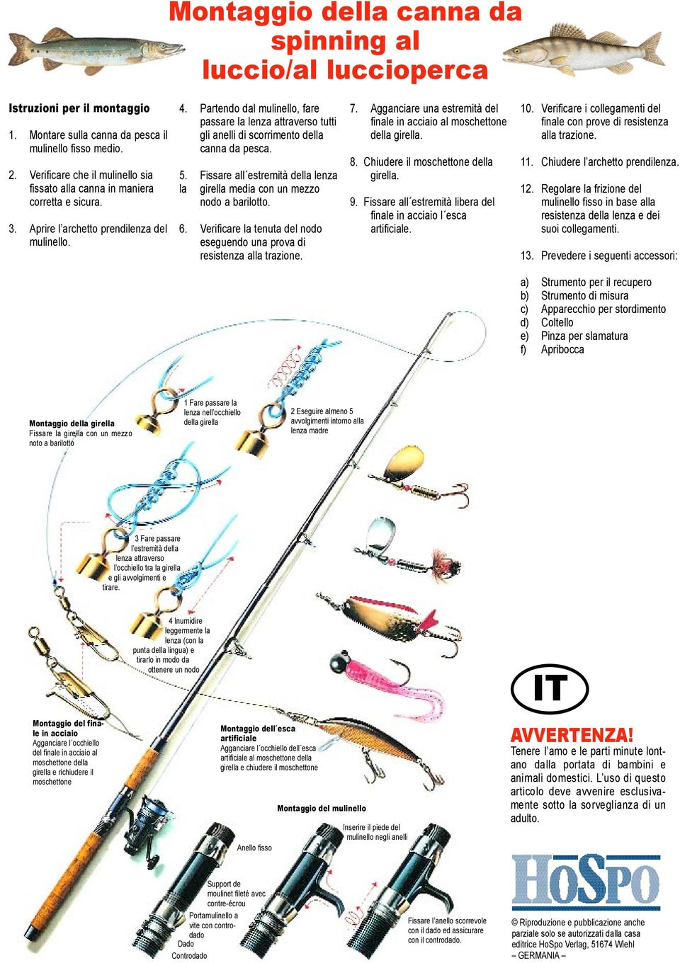 Partendo dal mulinello, fare passare la lenza attraverso tutti gli anelli di scorrimento della canna da pesca. 5. Fissare all estremità della lenza la girella media con un mezzo nodo a barilotto. 6.