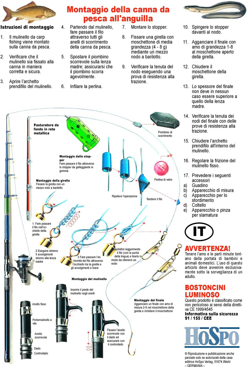 5. Spostare il piombino scorrevole sulla lenza madre; assicurarsi che il piombino scorra agevolmente. 6. Infilare la perlina. 7. Montare lo stopper. 8.