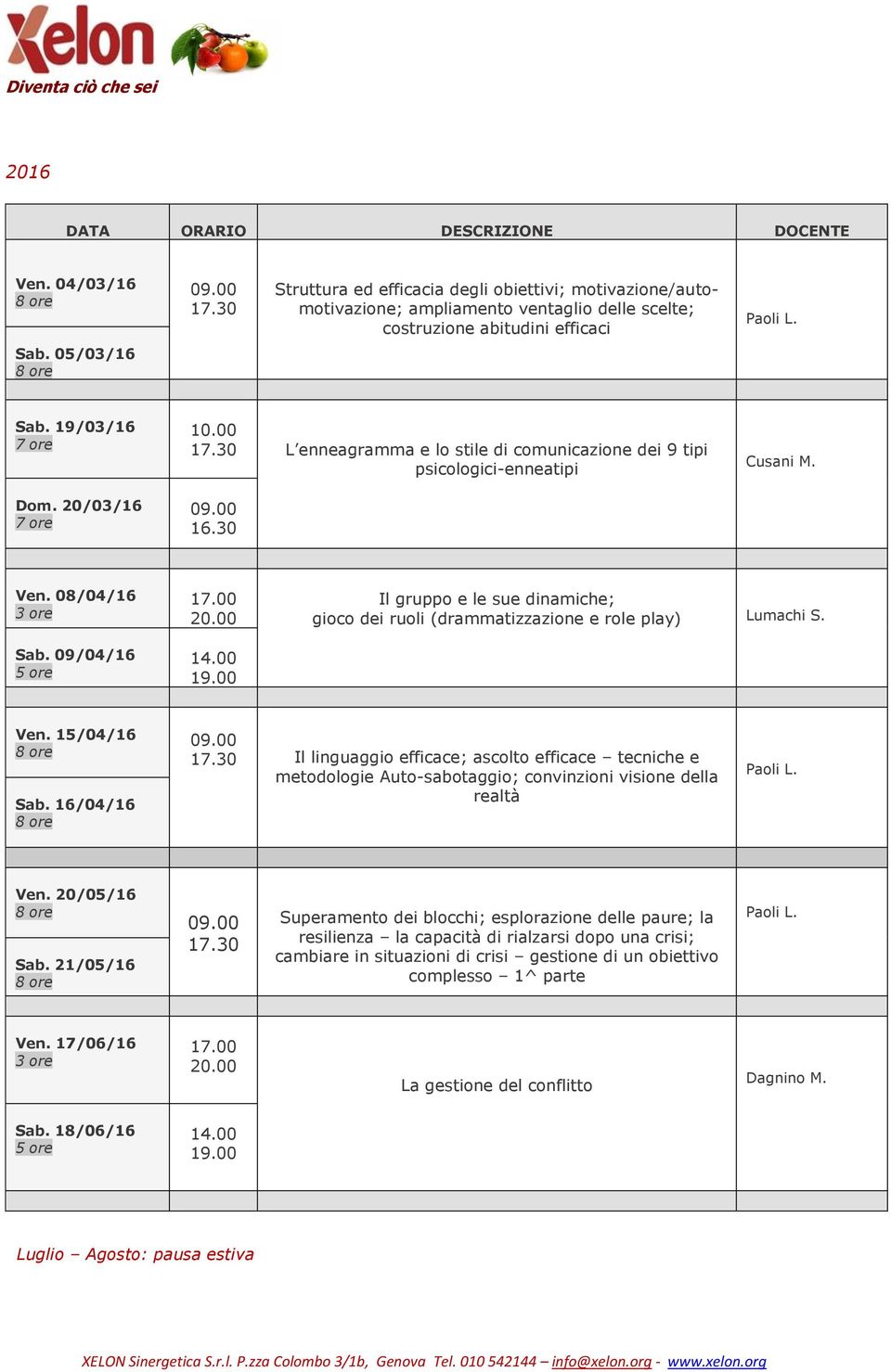 20/03/16 7 ore 10.00 17.30 L enneagramma e lo stile di comunicazione dei 9 tipi psicologici-enneatipi 09.00 16.30 Cusani M. Ven. 08/04/16 Sab.