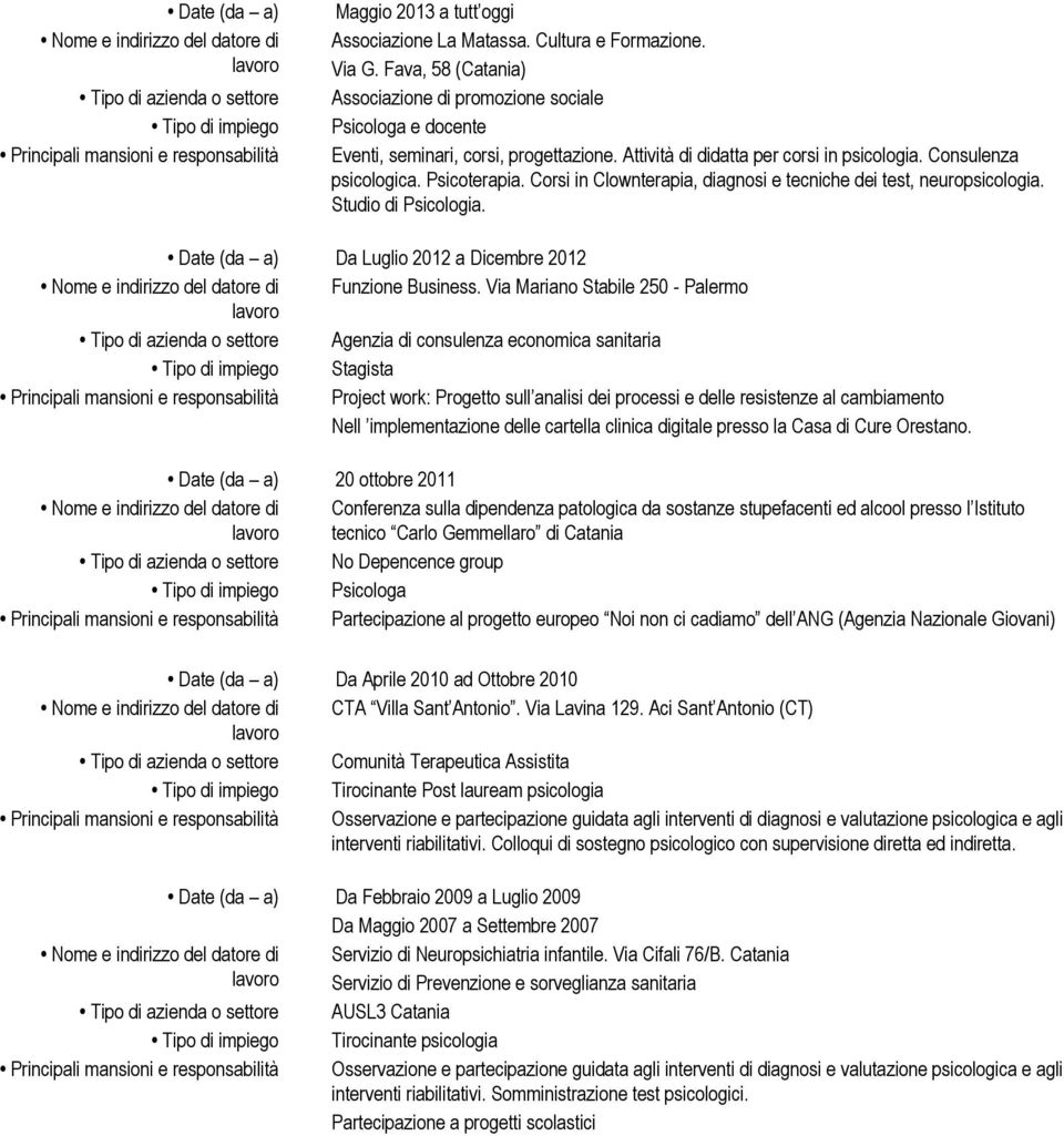 Corsi in Clownterapia, diagnosi e tecniche dei test, neuropsicologia. Studio di Psicologia. Date (da a) Da Luglio 2012 a Dicembre 2012 Funzione Business.