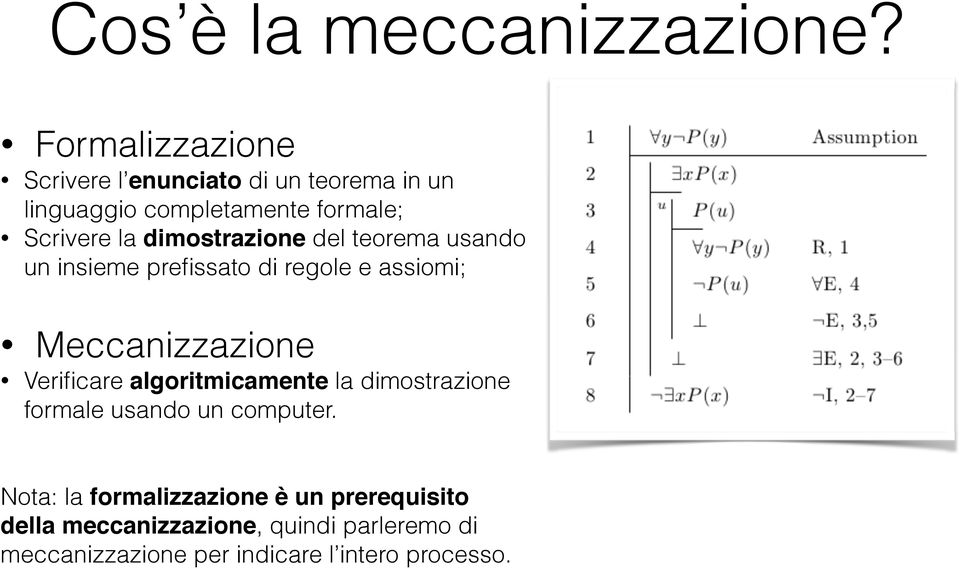 dimostrazione del teorema usando un insieme prefissato di regole e assiomi; Meccanizzazione Verificare