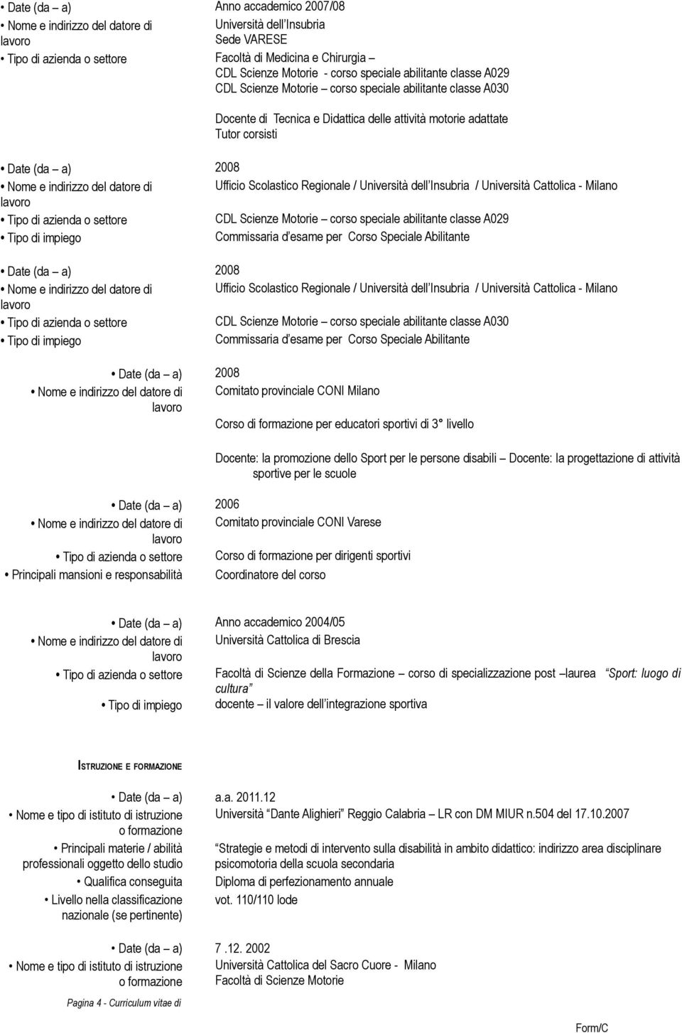 Insubria / Università Cattolica - Milano Tipo di azienda o settore CDL Scienze Motorie corso speciale abilitante classe A029 Tipo di impiego Commissaria d esame per Corso Speciale Abilitante Date (da