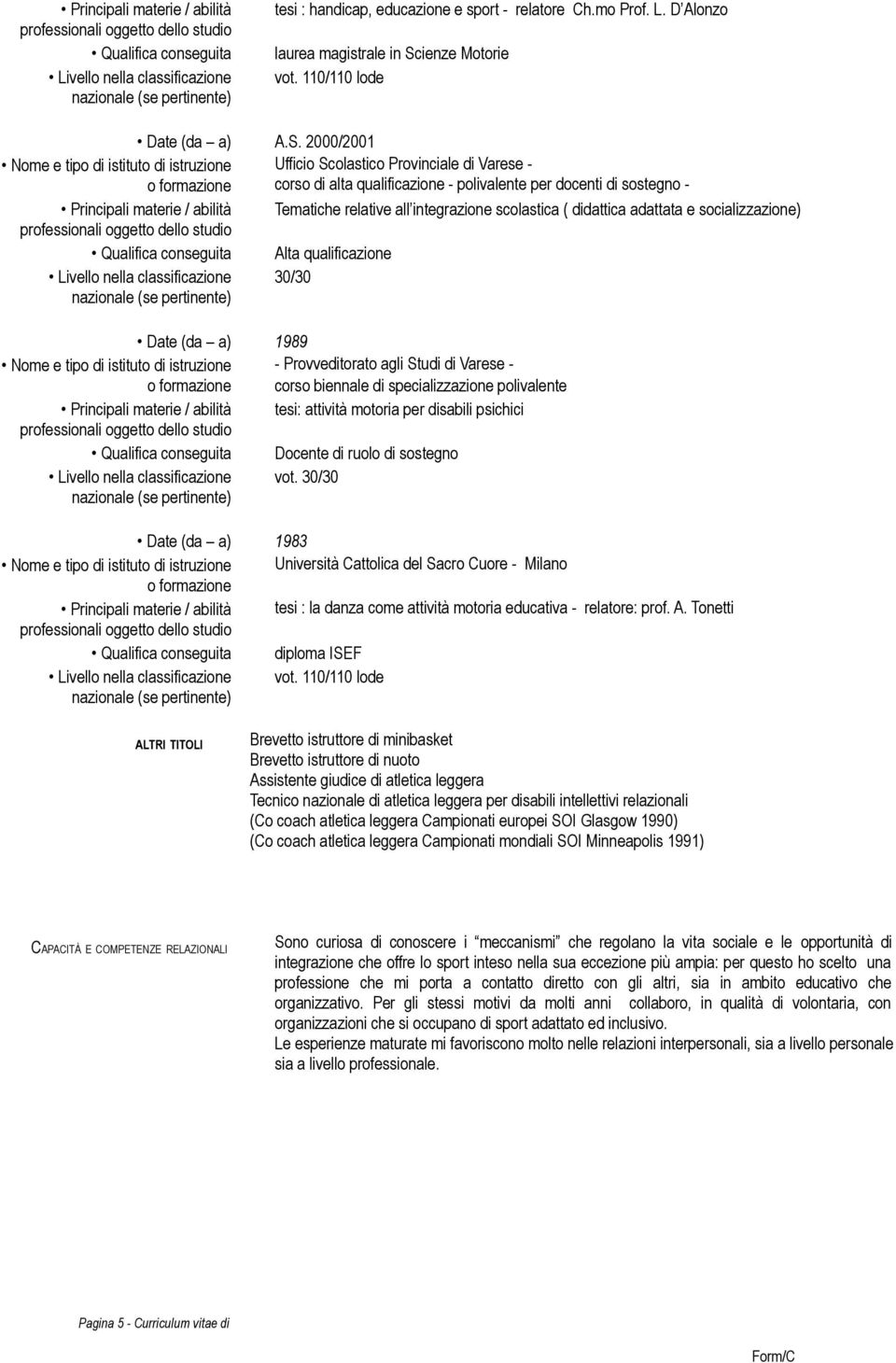 2000/2001 Nome e tipo di istituto di istruzione Ufficio Scolastico Provinciale di Varese - corso di alta qualificazione - polivalente per docenti di sostegno - Principali materie / abilità Tematiche