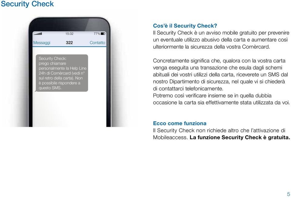 Il Security Check è un avviso mobile gratuito per prevenire un eventuale utilizzo abusivo della carta e aumentare così ulteriormente la sicurezza della vostra Cornèrcard.