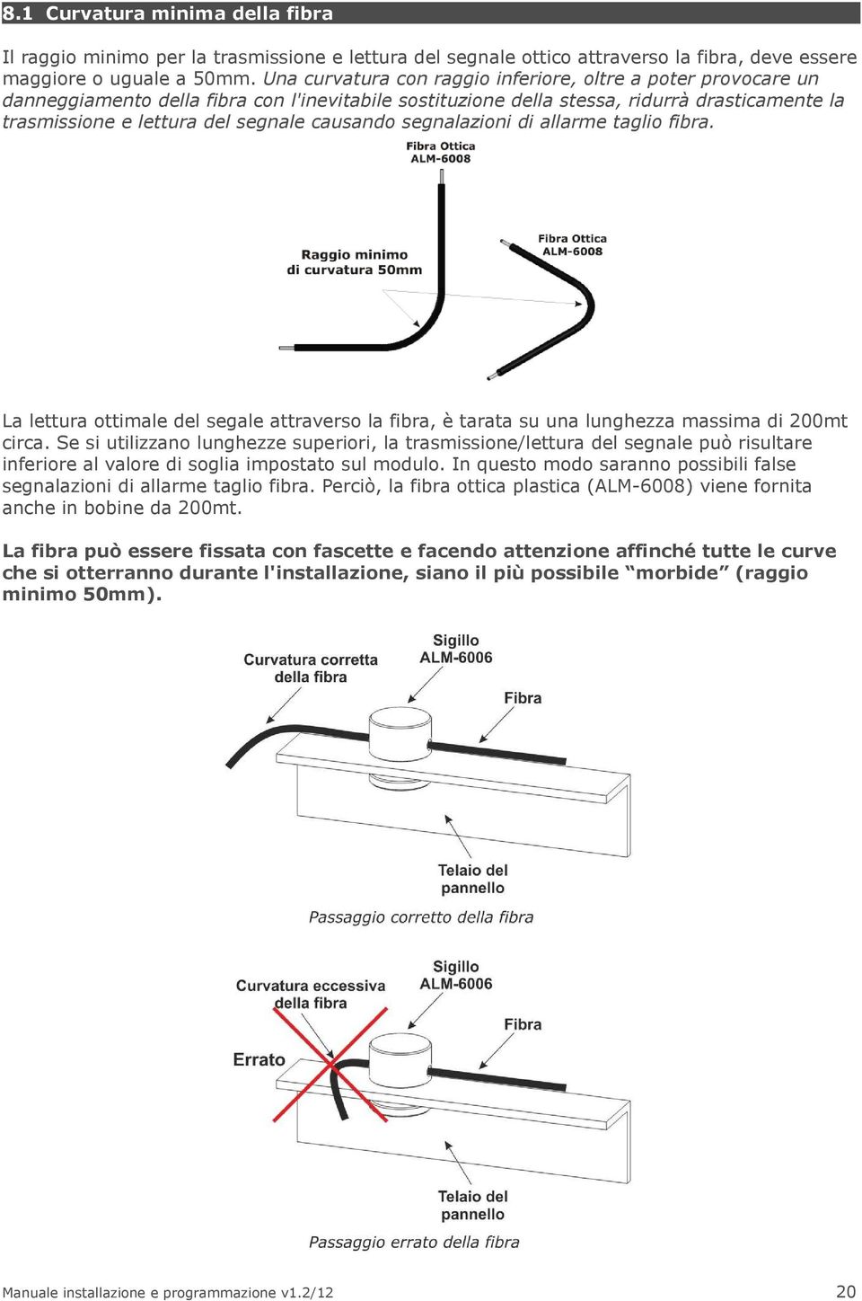 causando segnalazioni di allarme taglio fibra. La lettura ottimale del segale attraverso la fibra, è tarata su una lunghezza massima di 200mt circa.