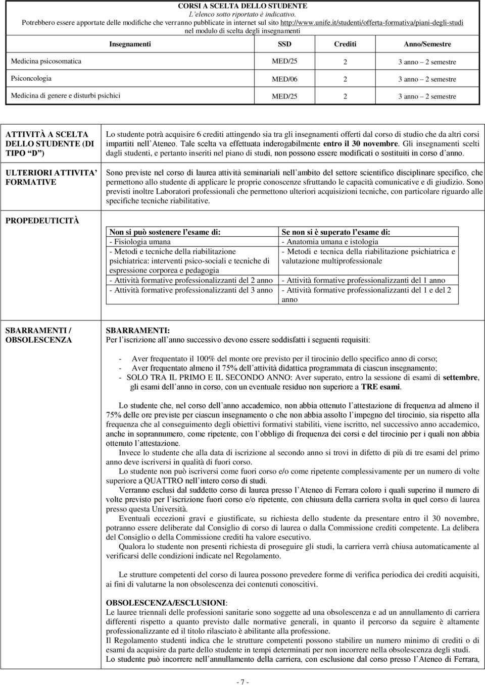 3 anno 2 semestre Medicina di genere e disturbi psichici MED/25 2 3 anno 2 semestre ATTIVITÀ A SCELTA DELLO STUDENTE (DI TIPO D ) ULTERIORI ATTIVITA FORMATIVE PROPEDEUTICITÀ Lo studente potrà