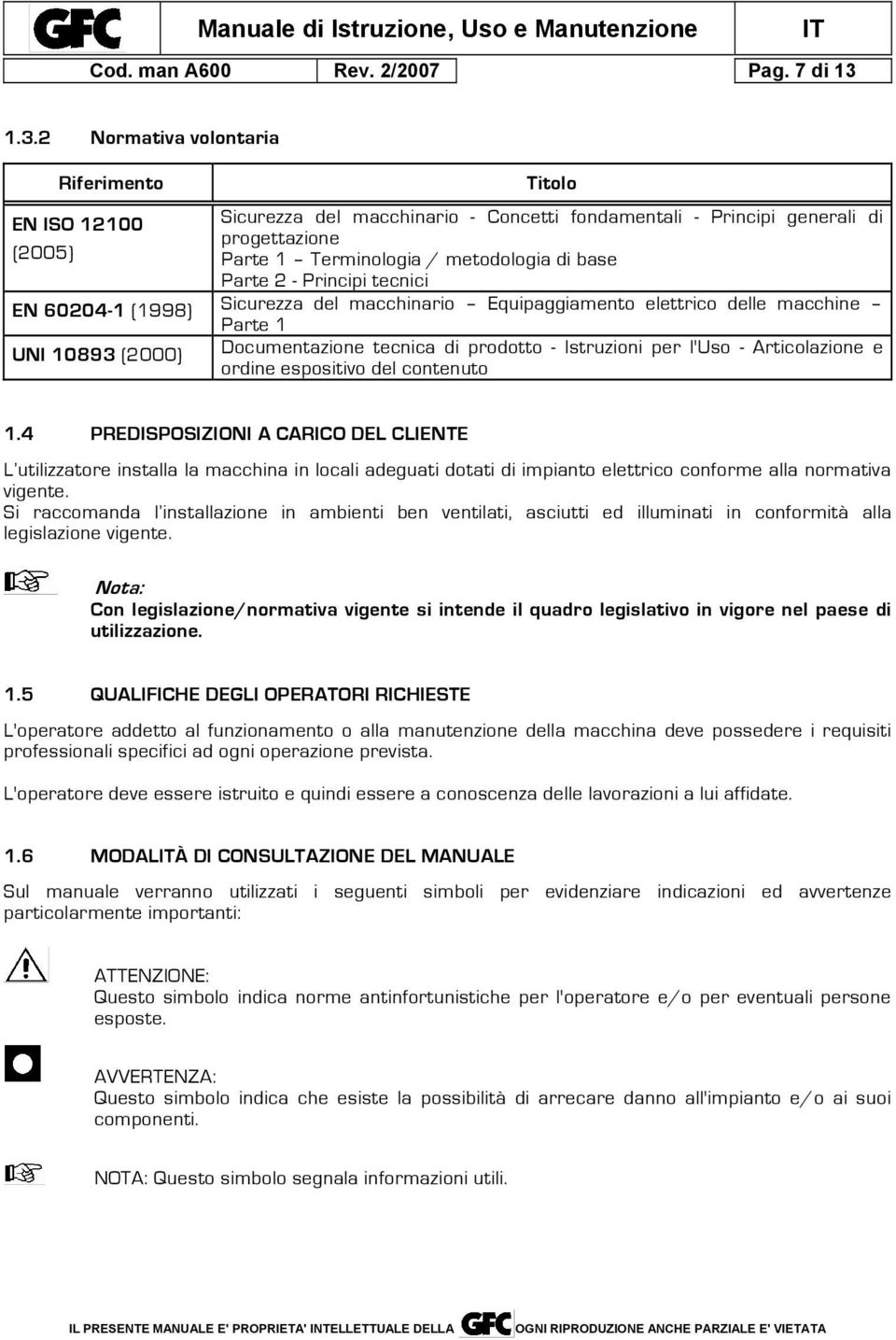 Parte 2 - Principi tecnici EN 60204-1 (1998) Sicurezza del macchinario Equipaggiamento elettrico delle macchine Parte 1 UNI 10893 (2000) Documentazione tecnica di prodotto - Istruzioni per l'uso -