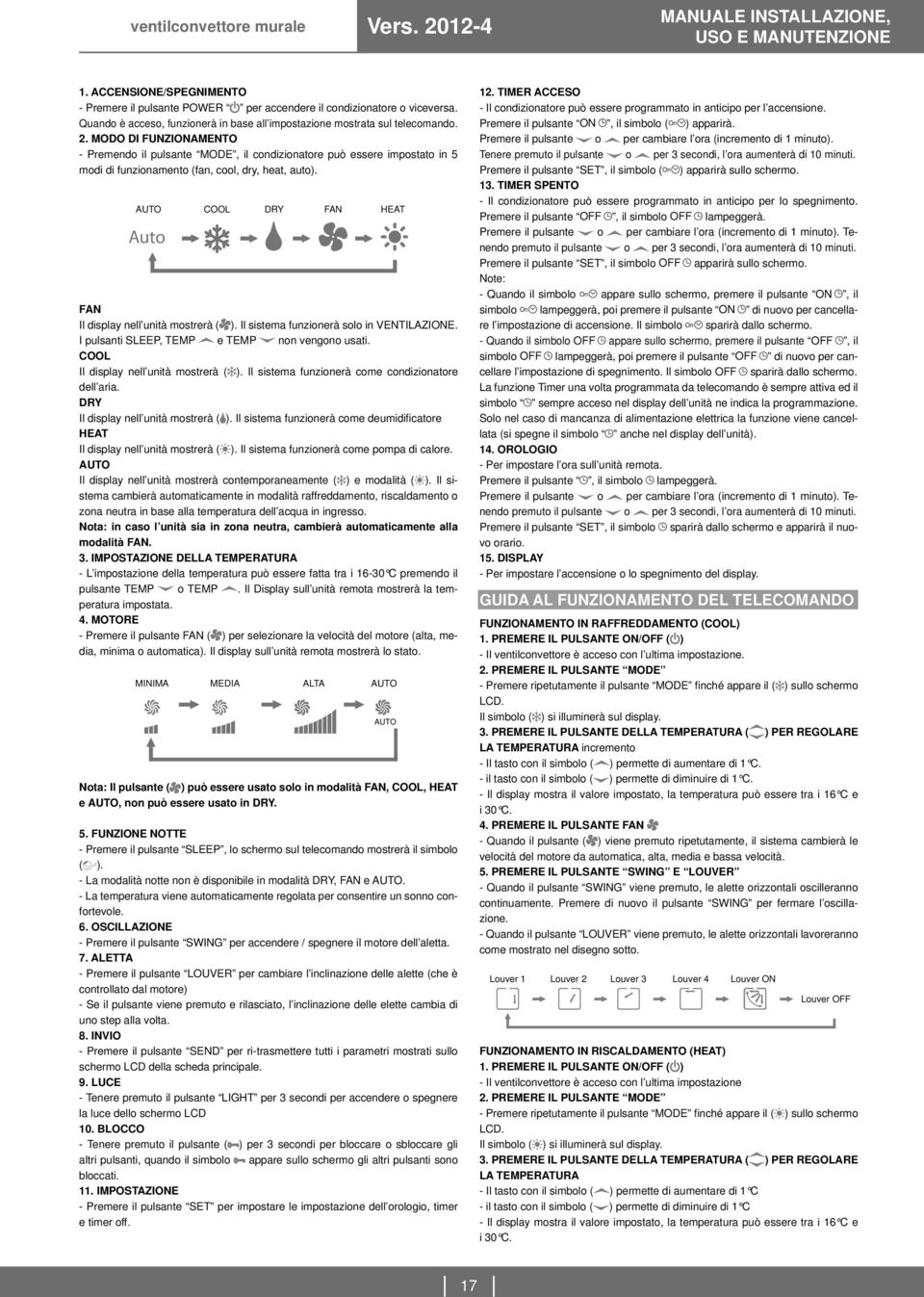 MODO DI FUNZIONAMENTO - Premendo il pulsante MODE, il condizionatore può essere impostato in 5 modi di funzionamento (fan, cool, dry, heat, auto).