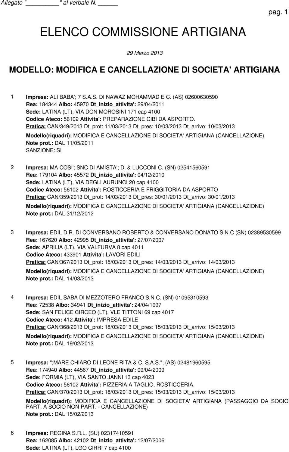 Pratica: CAN/349/2013 Dt_prot: 11/03/2013 Dt_pres: 10/03/2013 Dt_arrivo: 10/03/2013 Modello(riquadri): MODIFICA E CANCELLAZIONE DI SOCIETA' ARTIGIANA (CANCELLAZIONE) Note prot.