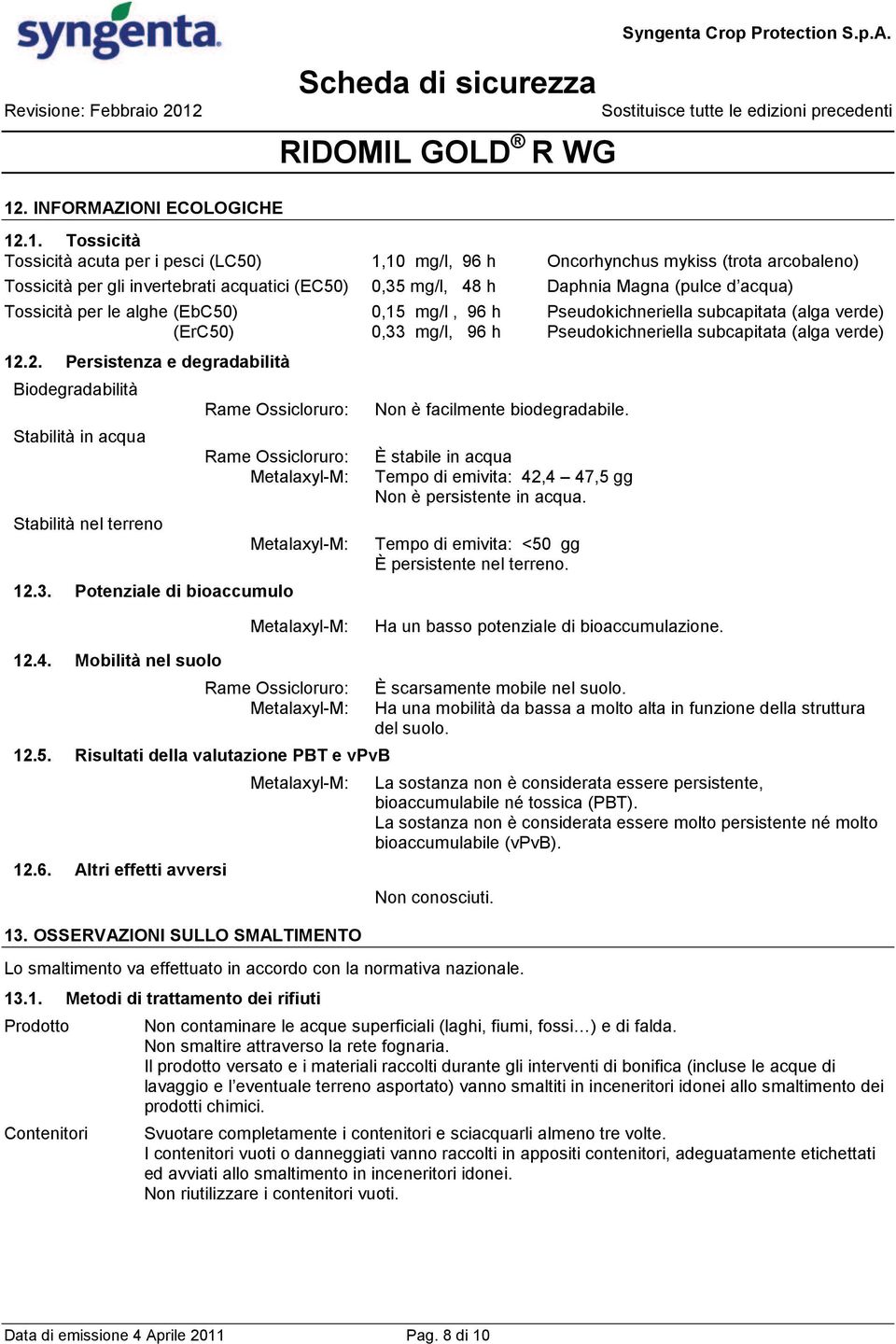 2. Persistenza e degradabilità Biodegradabilità Stabilità in acqua Stabilità nel terreno Rame Ossicloruro: Rame Ossicloruro: Metalaxyl-M: 12.3.