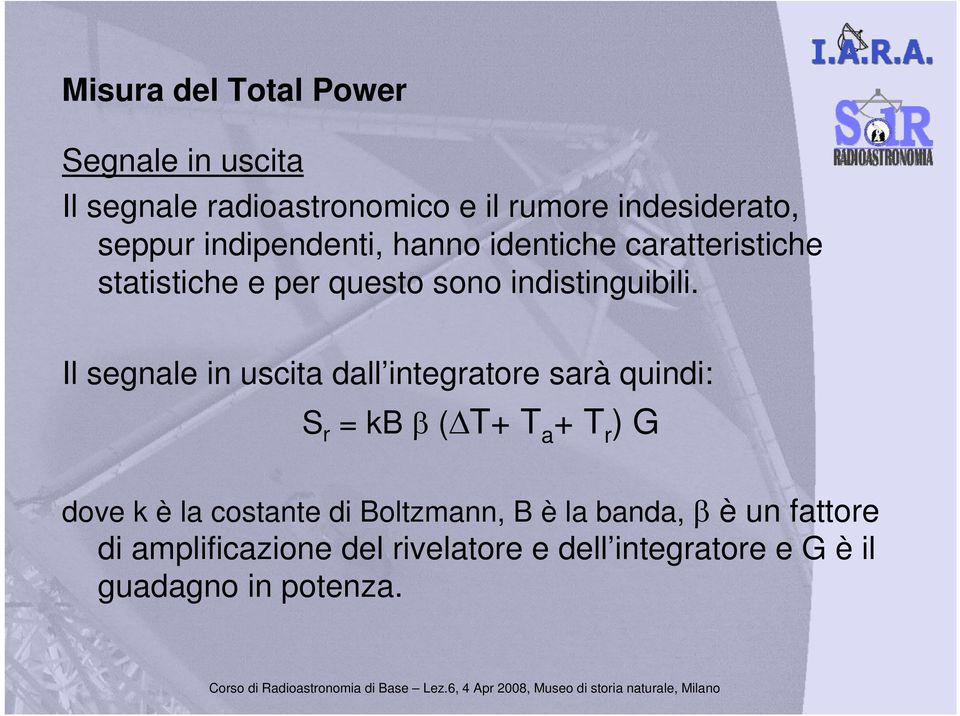 Il segnale in uscita dall integratore sarà quindi: S r = kb β (ΔT+ T a +T r ) G dove k è la costante di